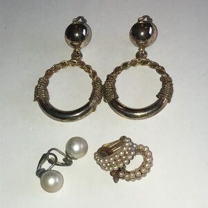 Gold Tone and Faux Pearl Vintage Earring Set